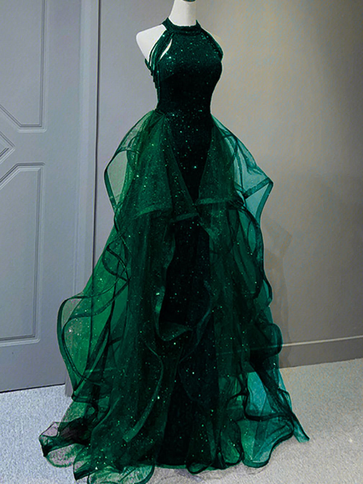 Chic Green Sequins With Tulle Long Party Dress, Green Beaded Halter Evening Dress