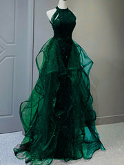 Chic Green Sequins With Tulle Long Party Dress, Green Beaded Halter Evening Dress