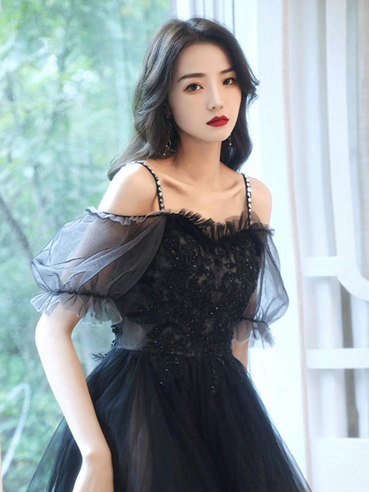 black short sleeve high low dress Black Lace Half Sleeves High low Prom Dresses Evening Dress With Straps, MP254