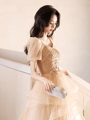 A-line Champagne Short Sleeves Tulle with Lace Party Dress, A-line Tulle Long Prom Dress
