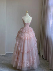 Pink Tulle with Lace Straps Floor Length Party Dress, Pink Tulle Long Evening Dress