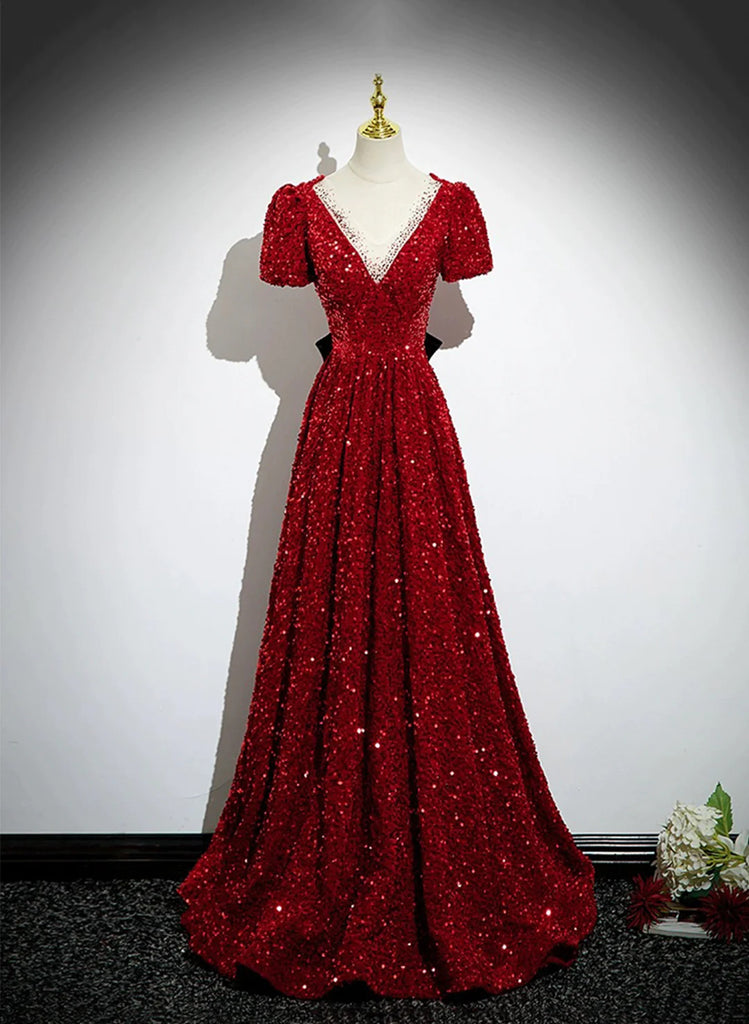 Wine Red Sequins V-neckline Short Sleeves Party Dress, Wine Red Evenin