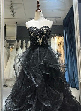 Black Sweetheart Tulle Layers Long Formal Dress, Black Tulle Prom Dress