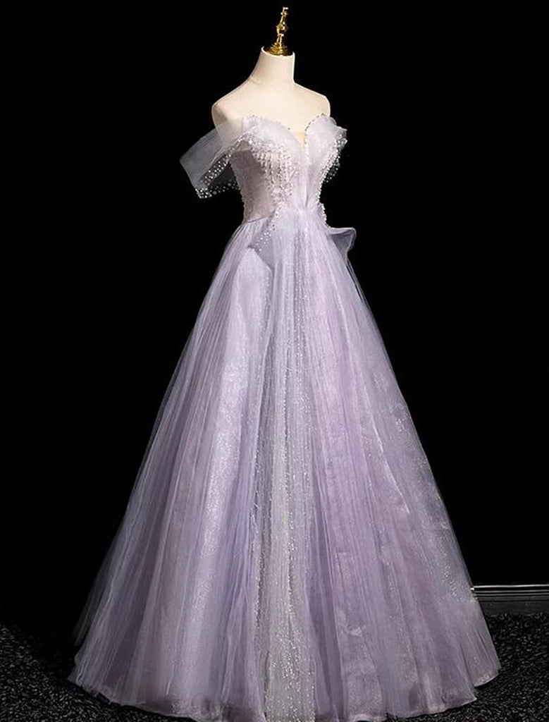 Light Purple Off Shoulder Tulle Long Party Dress, A-line Light Purple
