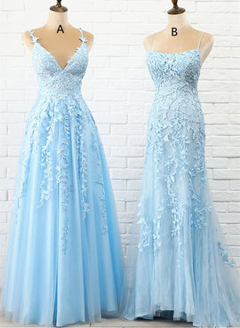 Blue Tulle with Lace Straps Long Evening Dress, Blue Prom Dress