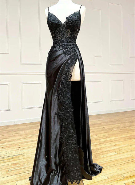 Black A-line paghetti Straps Split Lace Applique Prom Dress, Black Eve ...