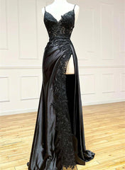Black A-line paghetti Straps Split Lace Applique Prom Dress, Black Evening Dress