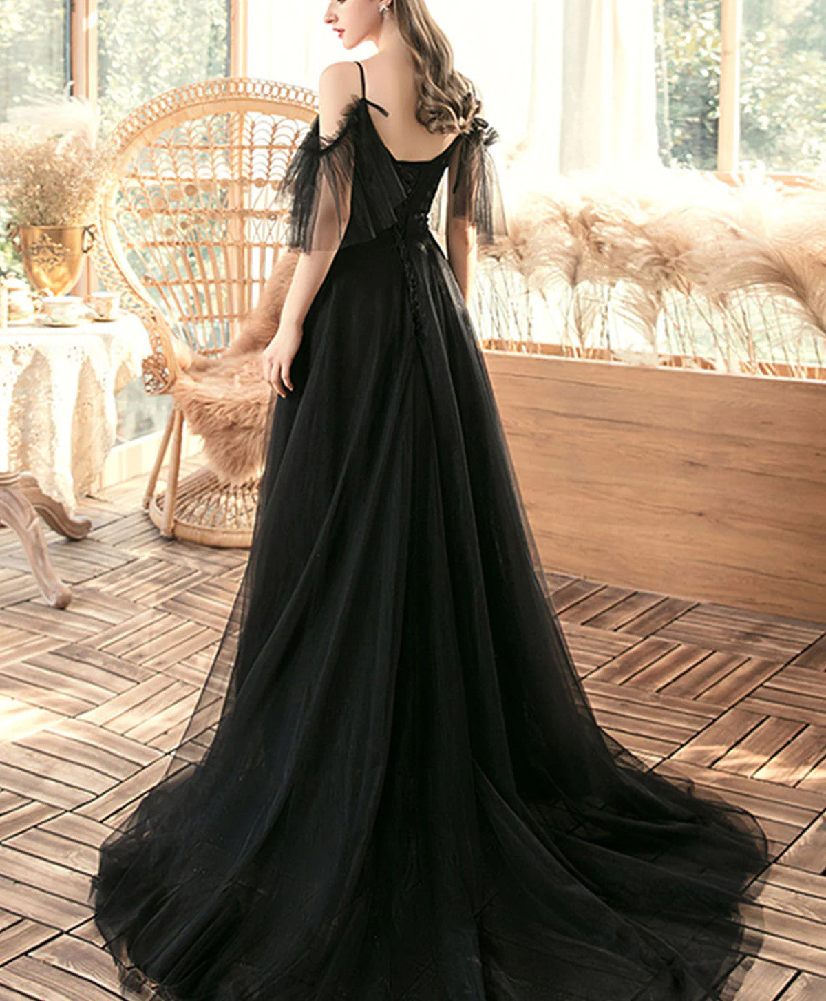 Black A-line Off Shoulder Tulle Beaded Prom Dress, Black Long Evening Dress