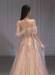 A Line Tulle and Sequins Long Party Dress, Off Shoulder Sequins Prom Dress
