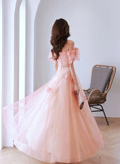 A-line Pink Tulle Cute Beaded Long Evening Dress, Pink Tulle Prom Dress