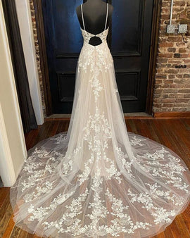 A-line Ivory Lace V-neckline Long Prom Dress, Ivory Party Dress