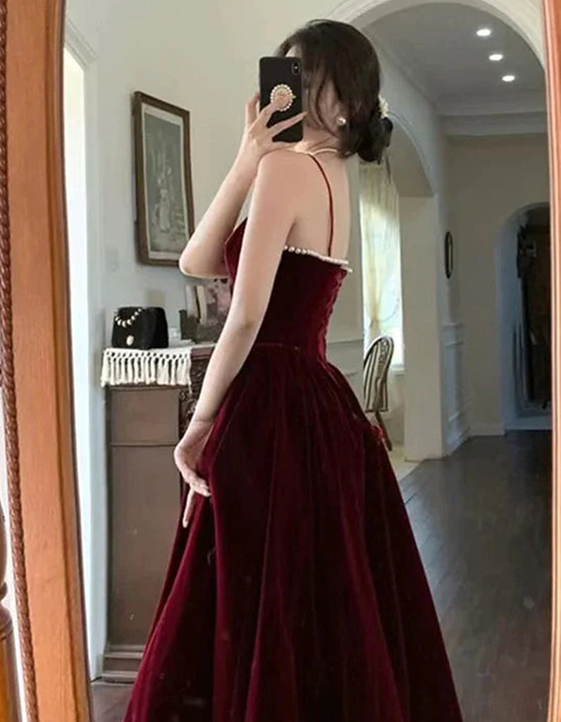Aline Straps Wine Red Velvet Long Formal Dress, Wine Red Prom Dress