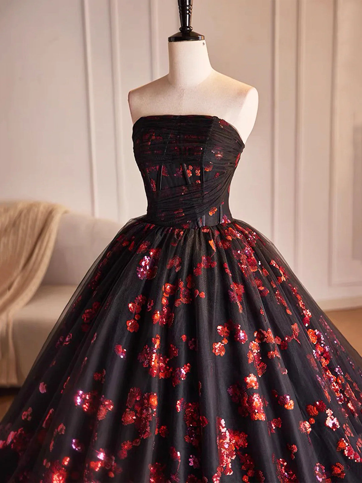 red and black cocktail dress Black and Red Tulle Floral Sweet 16 Dress, Black and Red Party Dress Prom Dress