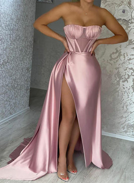 Pink Sweetheart Satin Long Prom Dress with Leg Slit, Pink Satin Evening Dress