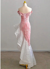 Lovely Pink Sequins Velvet High Low Prom Dress, Pink Mermaid Off the Shoulder Party Dress