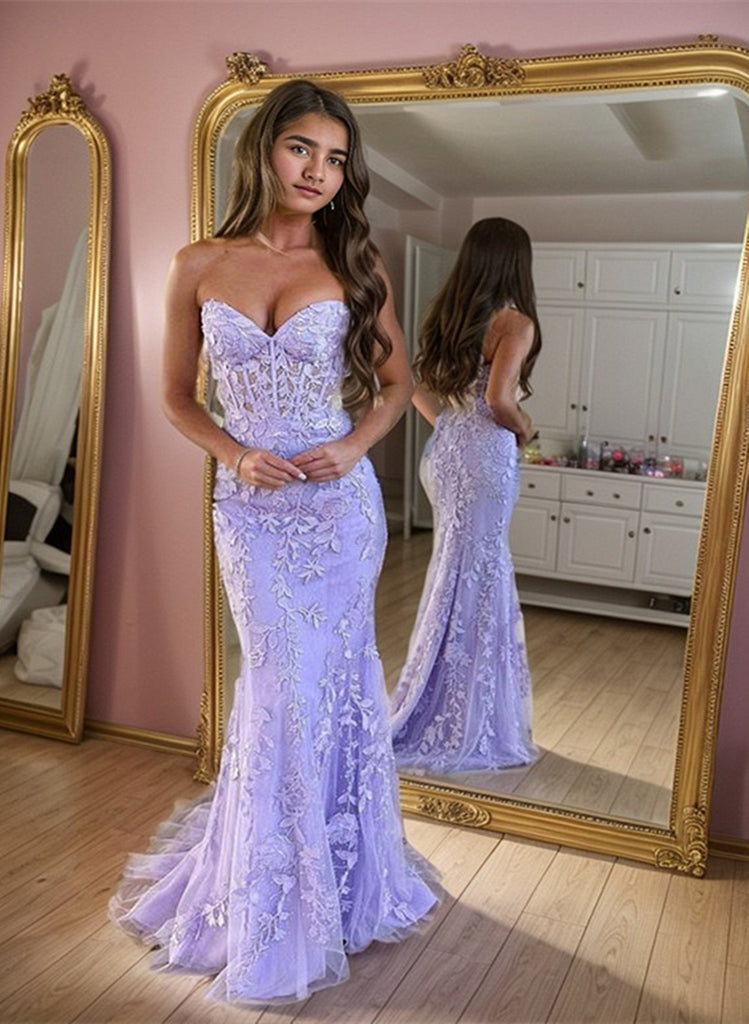 Lavender Lace Mermaid Sweetheart Long Party Dress, Lavender Lace Prom ...