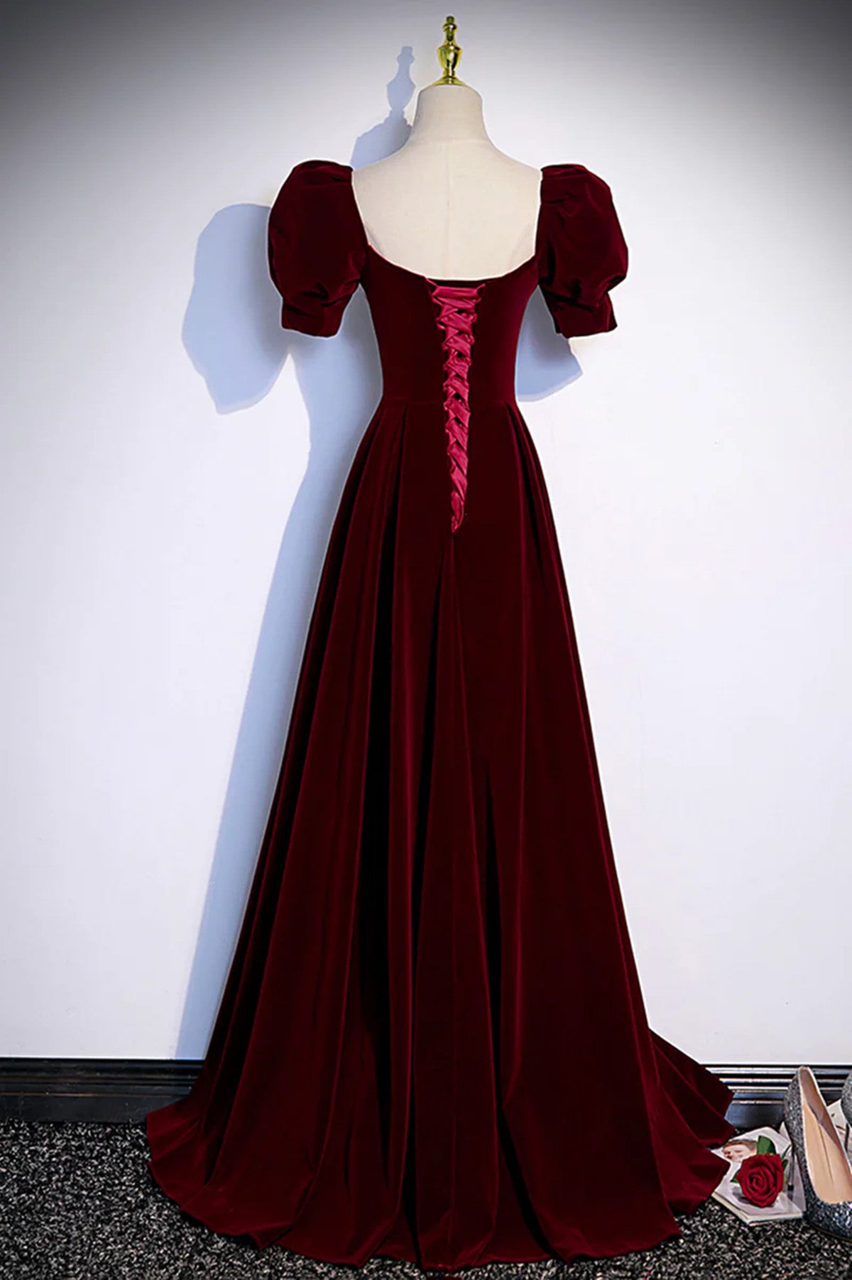 Beautiful Wine Red A-line Velvet Long Party Dress, Wine Red Prom Dress