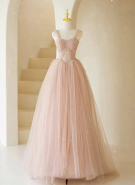 Pink Sweetheart Beaded Long Tulle Prom Dress, Pink Tulle Evening Dress Party Dress