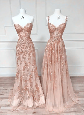 Elegant Pink Sweetheart Beaded and Lace Long Prom Dress, Pink Tulle Evening Dress
