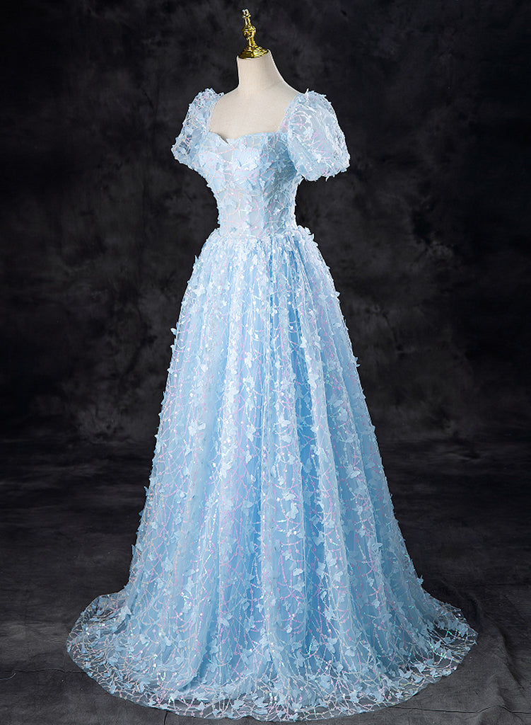 Light Blue Lace Sweetheart Short Sleeves Party Dress, Light Blue Prom
