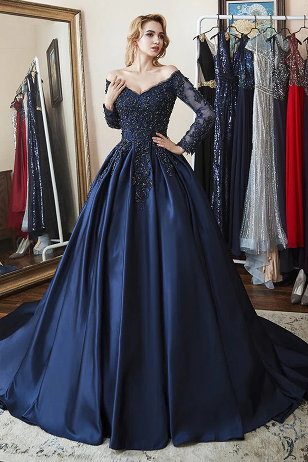 Navy Blue Satin V-neckline Party Dress, Navy Blue Sweet 16 Dress – Cutedressy Navy Blue Satin V-neckline Party Dress, Navy Blue Sweet 16 Dress – Cutedressy