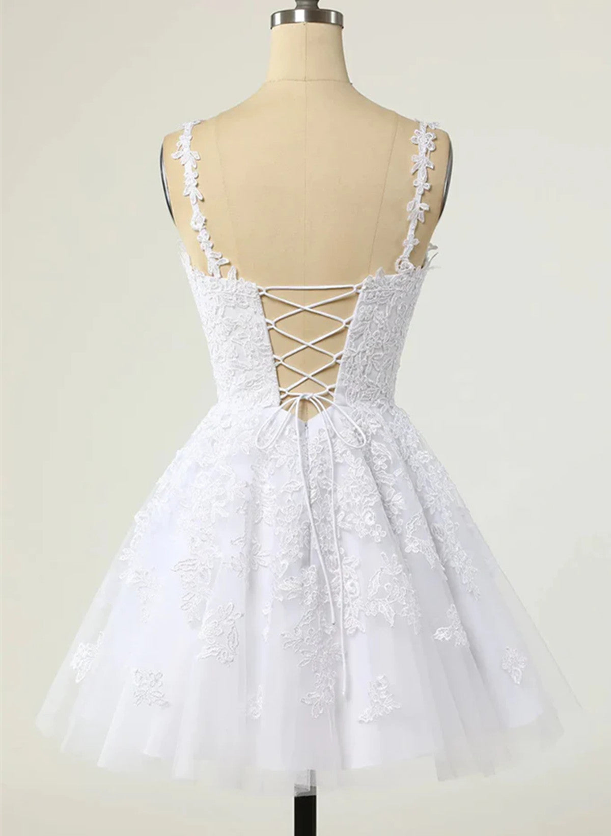 Cute V-neckline White Tulle with Lace Graduation Dress, White Short Pa Cutedressy Cute V-neckline White Tulle with Lace Graduation Dress, White Short Pa Cutedressy
