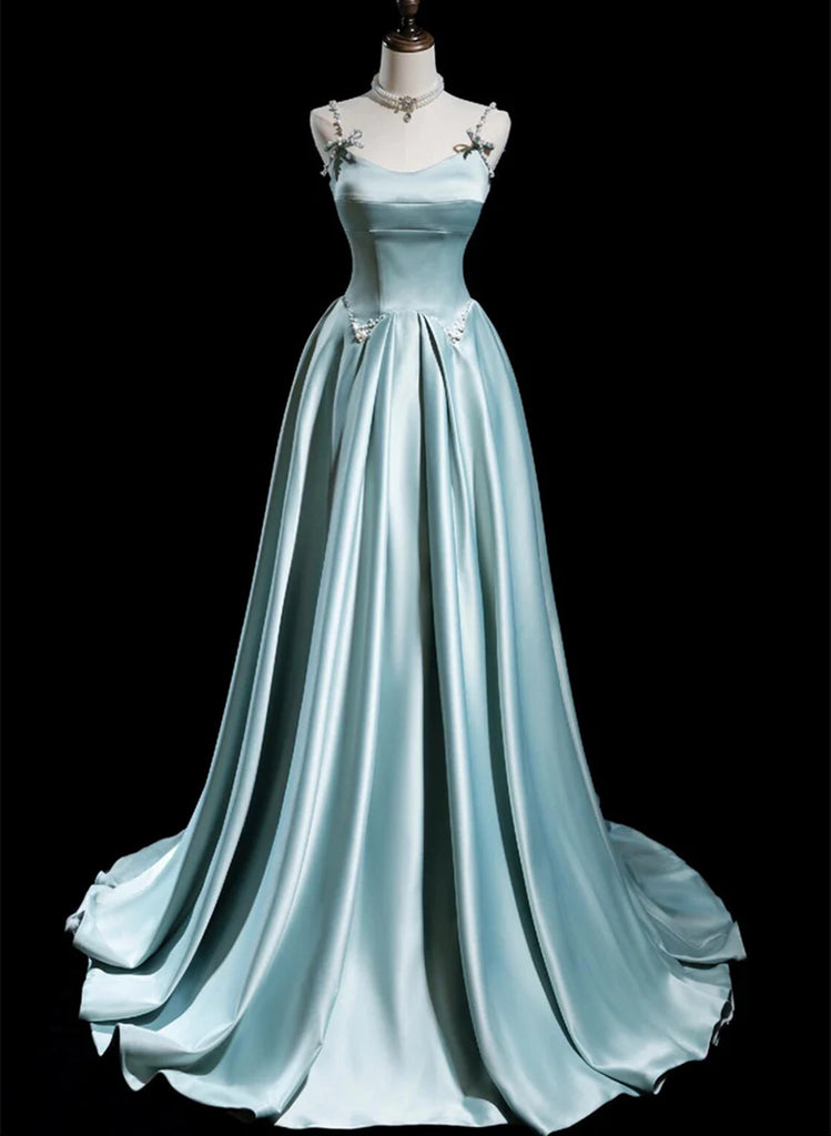Navy Blue Satin Beaded New Style Long Party Dress, Blue Cap Sleeves Prom Dress