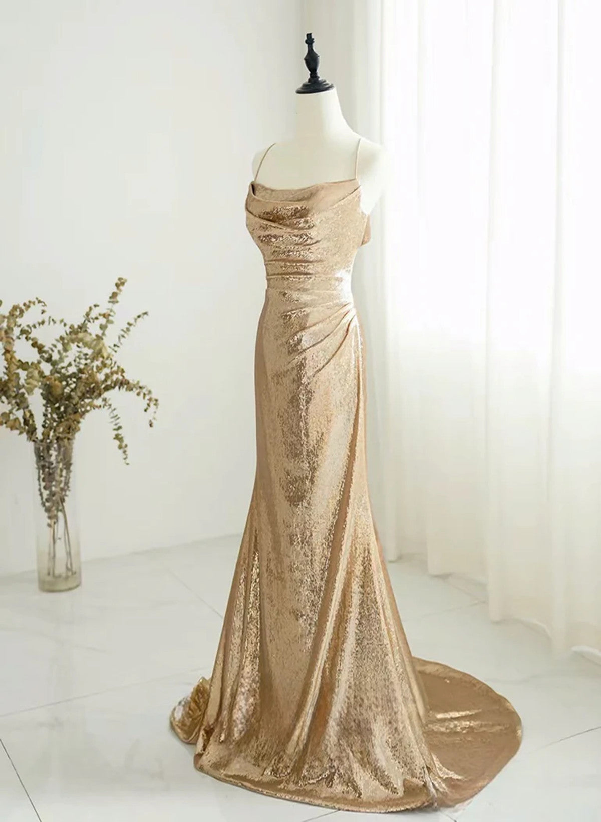 Chic Champagne Sequins Long Prom Dress, Sequins Champagne Formal Dress – Cutedressy