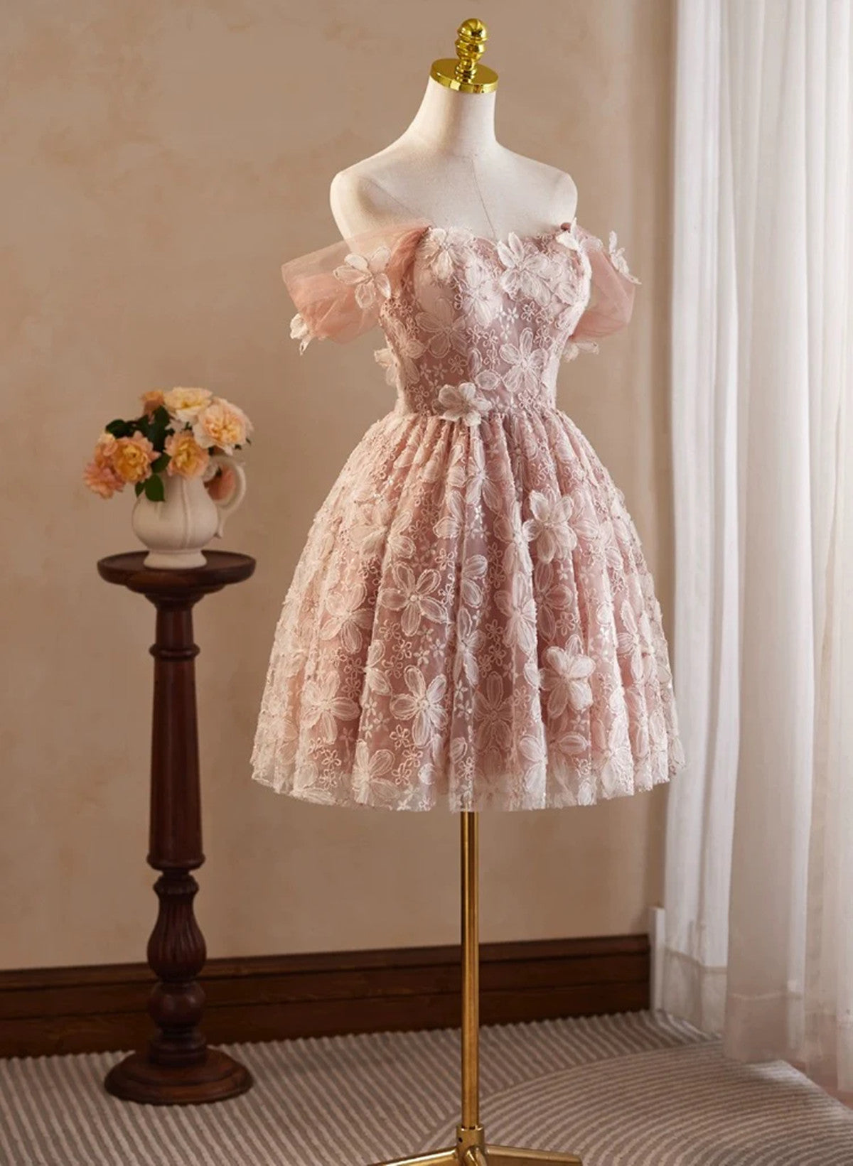 Cute Lace Off Shoulder Knee Length Homecoming Dress, Sweetheart Short – Cutedressy