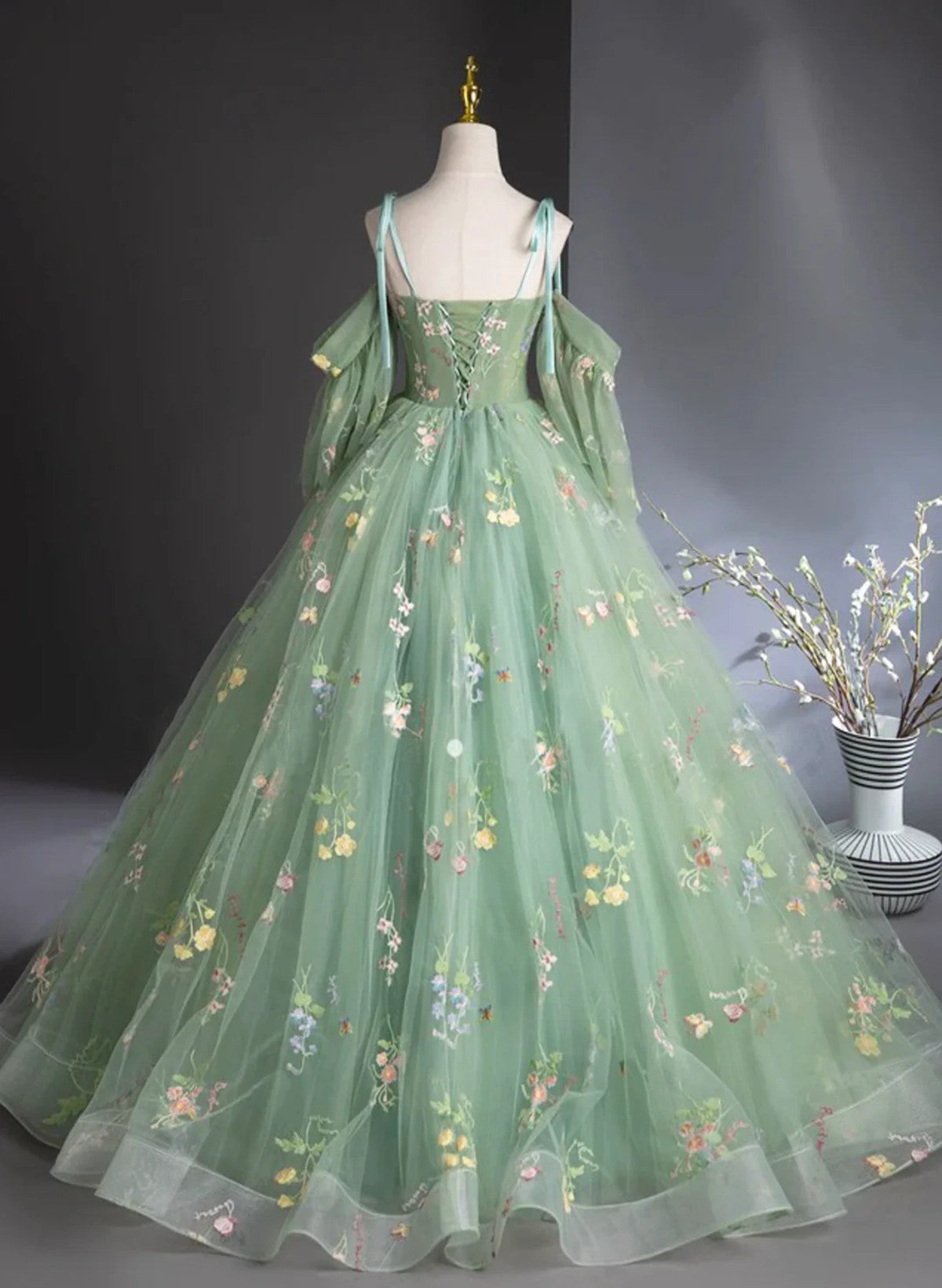 Green Tulle Straps Floral Long Party Dress, Green Tulle Prom Dress Cutedressy Green Tulle Straps Floral Long Party Dress, Green Tulle Prom Dress Cutedressy