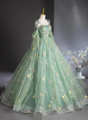 Green Tulle Straps Floral Long Party Dress, Green Tulle Prom Dress