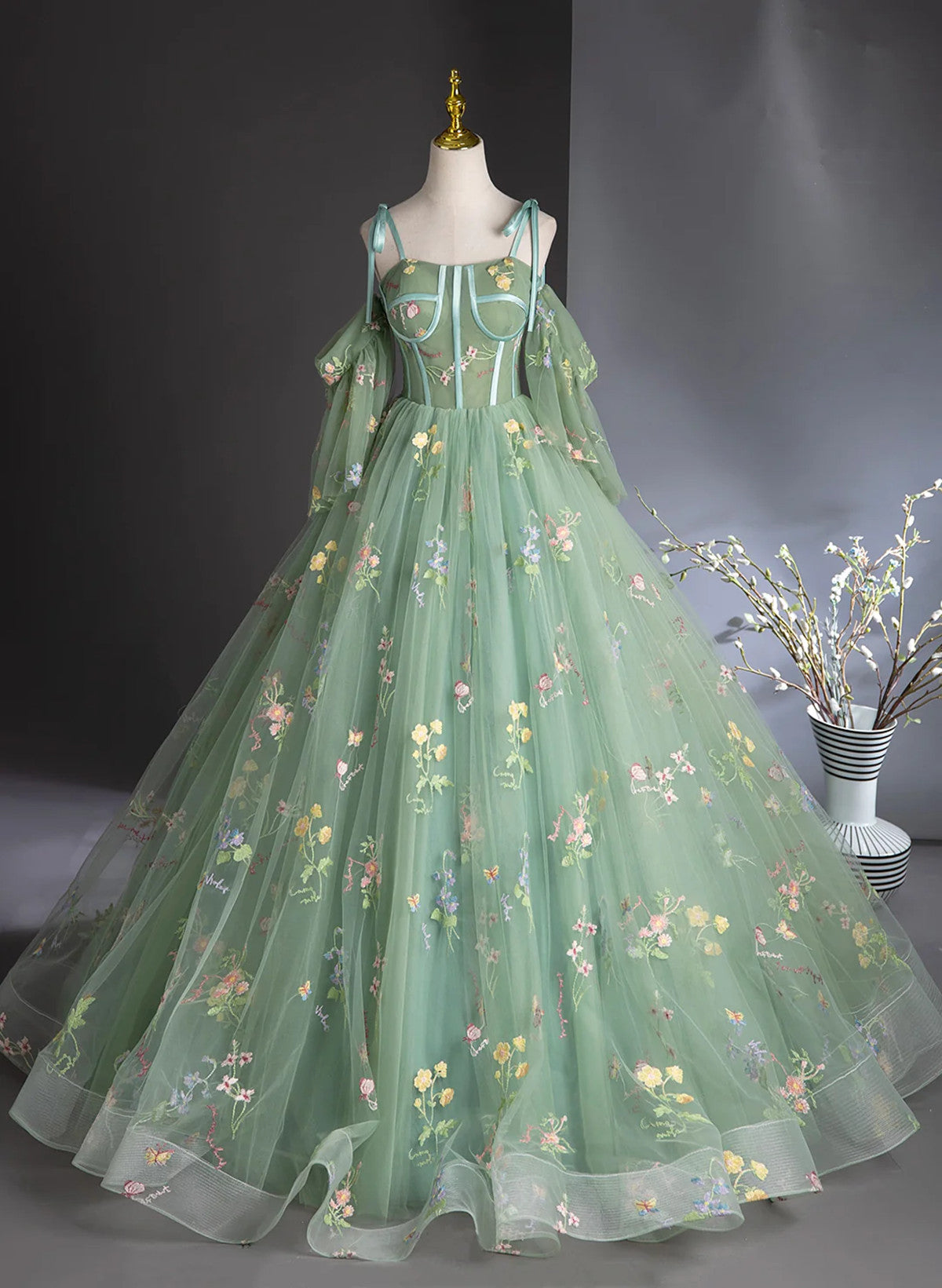 Green Tulle Straps Floral Long Party Dress, Green Tulle Prom Dress