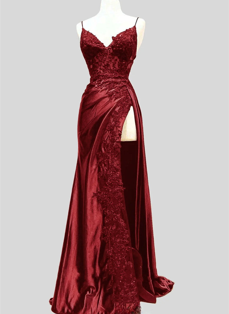 Wine Red Satin with Lace Straps Long Prom Dress with Slit, Wine Red Ev
