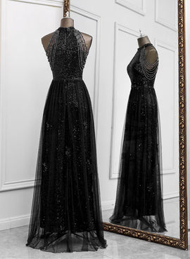 Black Halter Tulle and Sequins Long Party Dress, A-line Black Prom Dress