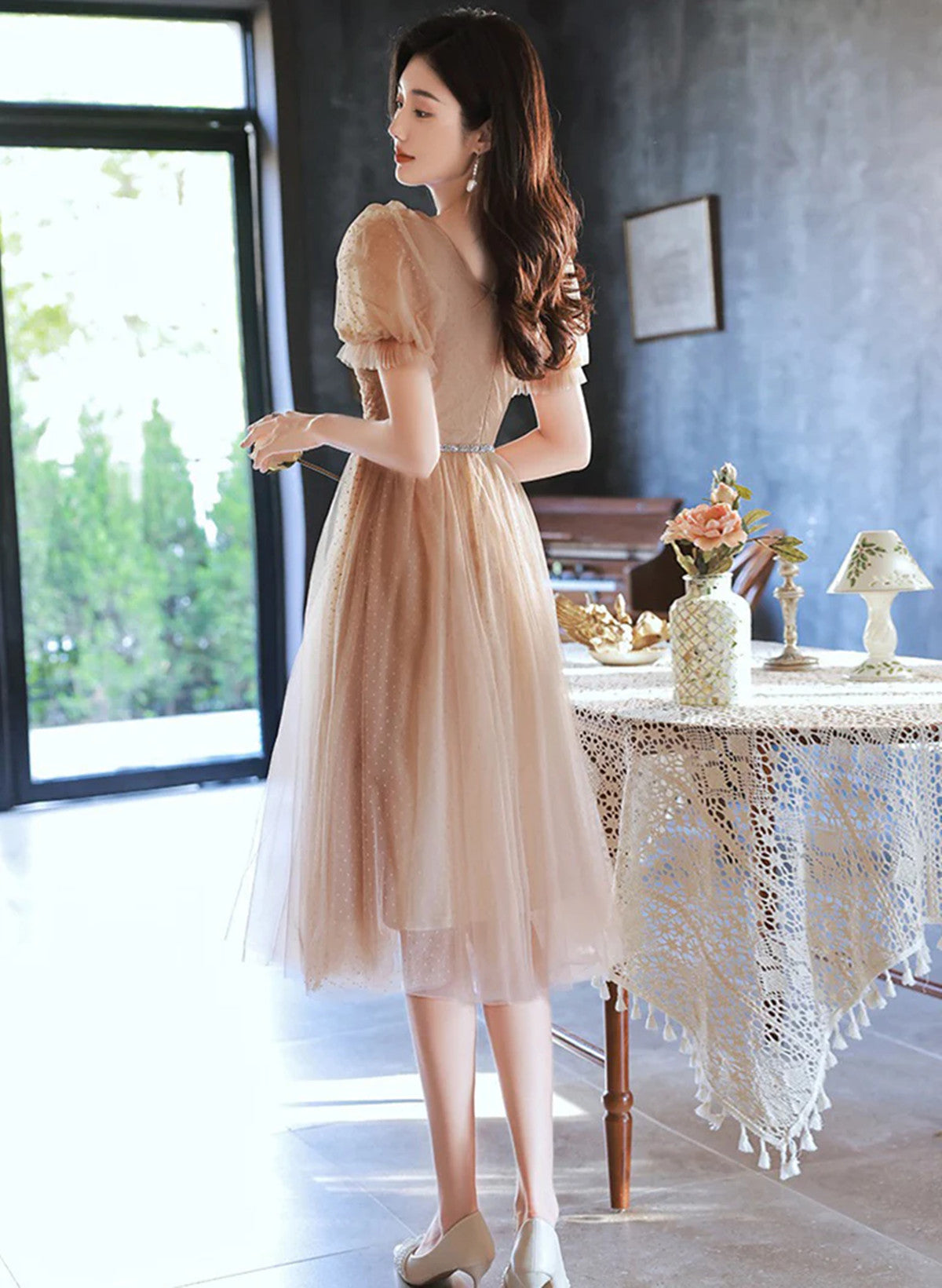 Lovely Champagne Short Sleeves Beaded Homecoming Dress, Short Prom Dre Cutedressy Lovely Champagne Short Sleeves Beaded Homecoming Dress, Short Prom Dre Cutedressy