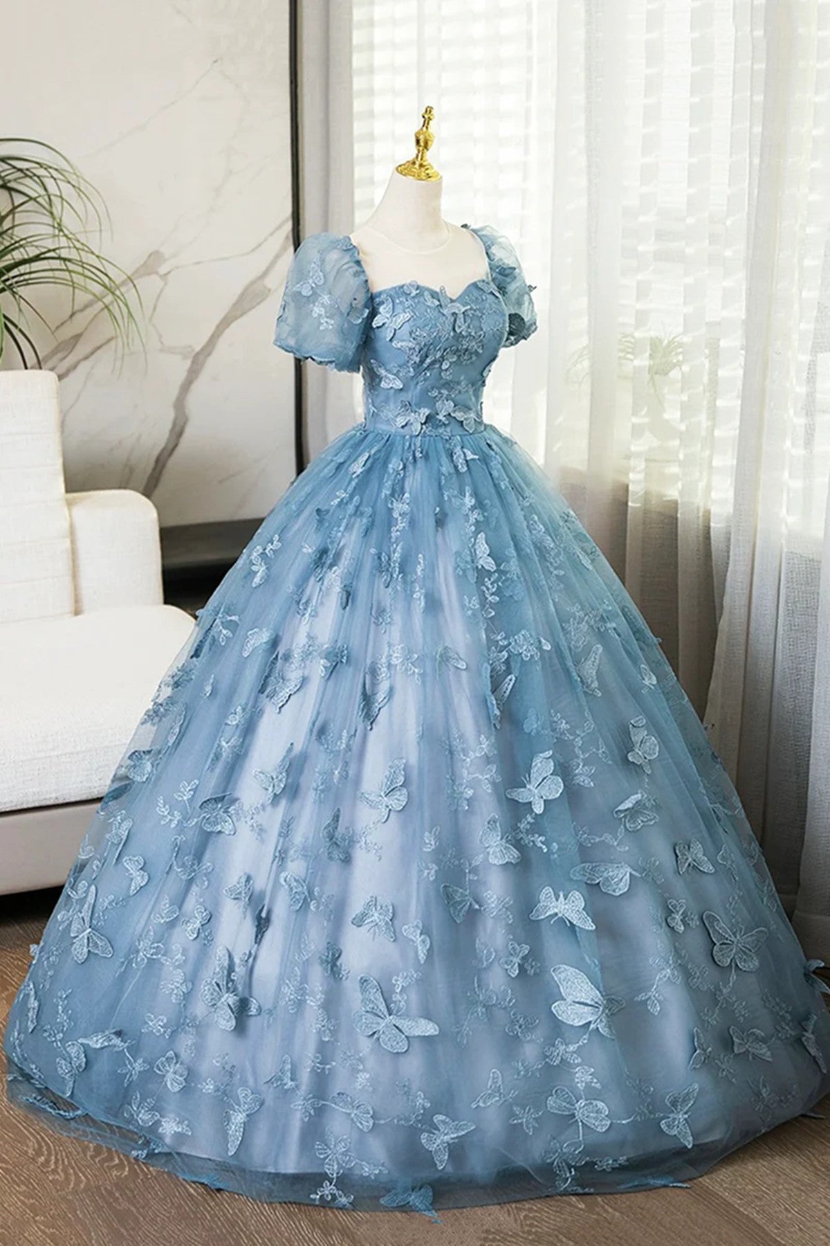 Blue Short Sleeves Long Party Dress with Butterfly Lace, Blue Prom Dre Cutedressy Blue Short Sleeves Long Party Dress with Butterfly Lace, Blue Prom Dre Cutedressy