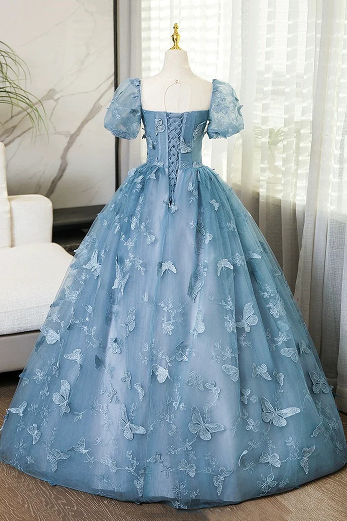 Blue Short Sleeves Long Party Dress with Butterfly Lace, Blue Prom Dre Cutedressy Blue Short Sleeves Long Party Dress with Butterfly Lace, Blue Prom Dre Cutedressy