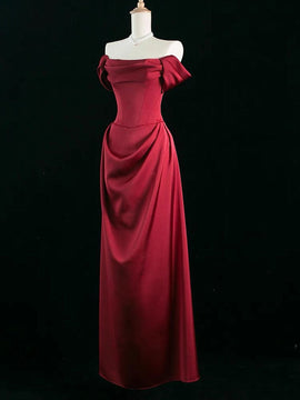 Wine Red Satin Simple Long Party Dress, A-line Wine Red Prom Dress