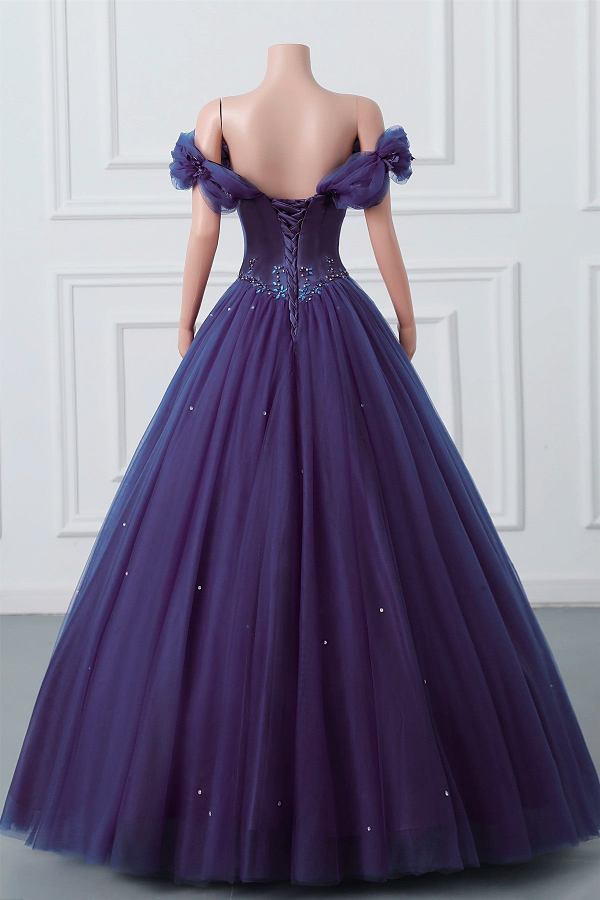 Purple Off Shoulder Beaded Tulle Long Formal Dress, Purple Party Dress