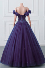 Purple Off Shoulder Beaded Tulle Long Formal Dress, Purple Party Dress