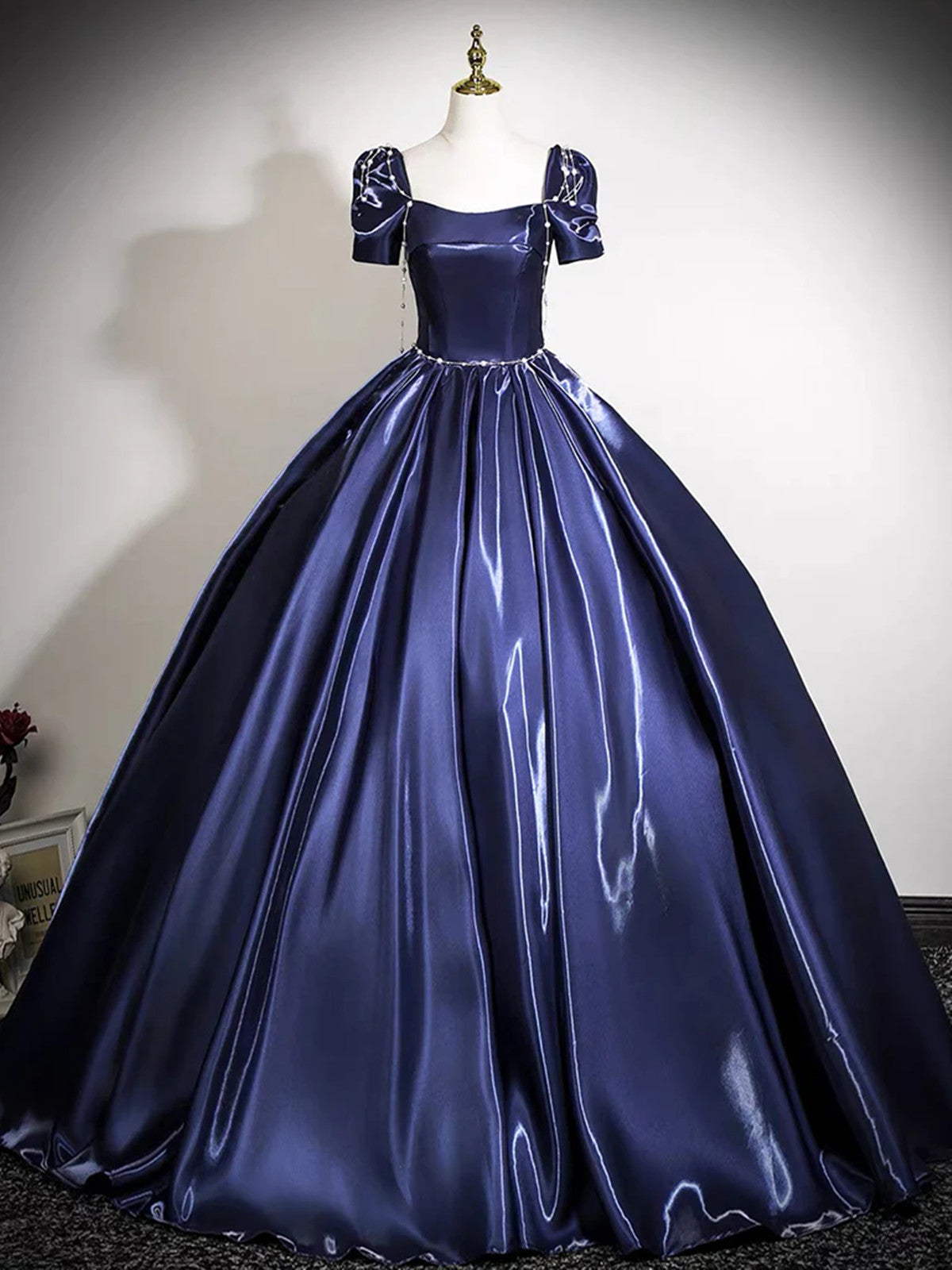Blue Satin Beaded Long Prom Dress Evening Dress, Blue Satin A-line Party Dress