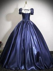 Blue Satin Beaded Long Prom Dress Evening Dress, Blue Satin A-line Party Dress