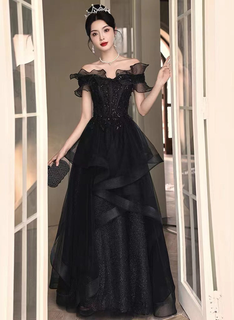 Black Off Shoulder Tulle with Lace Long Formal Dress, Black A-line Pro