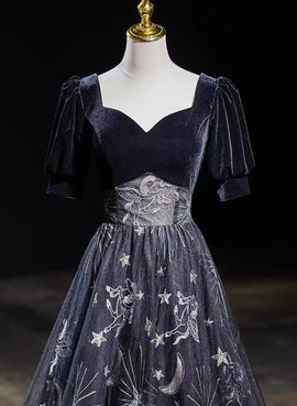 Black Tulle and Velvet A-line Long Party Dress, Black Long Prom Dress