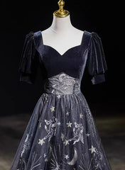 Black Tulle and Velvet A-line Long Party Dress, Black Long Prom Dress