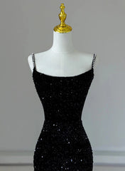 Black Mermaid Sequins Long Formal Dress, Black Straps Long Evening Dress