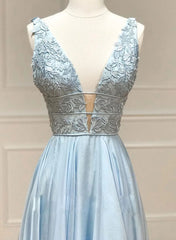Light Blue Chiffon with Lace A-line Prom Dress, Light Blue Evening Dress
