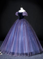 Off Shoulder Purple Tulle and Velvet Long Party Dress, Purple Prom Dresses