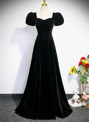 Black Short Sleeves A-line Velvet Prom Dress, Black Evening Dress Formal Dresses