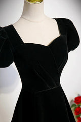 Black Short Sleeves A-line Velvet Prom Dress, Black Evening Dress Formal Dresses